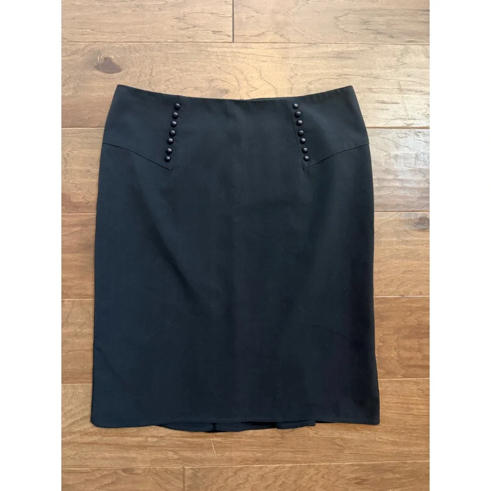 AGB Navy Blue Button Detail Pencil Skirt Size 12 Pleated Flounce Hem Lined